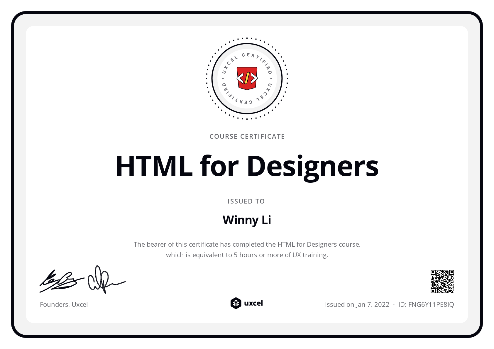 Winny Li's certificate
